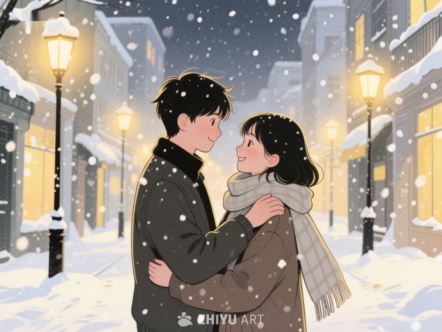 雪夜街头的温馨拥抱 979