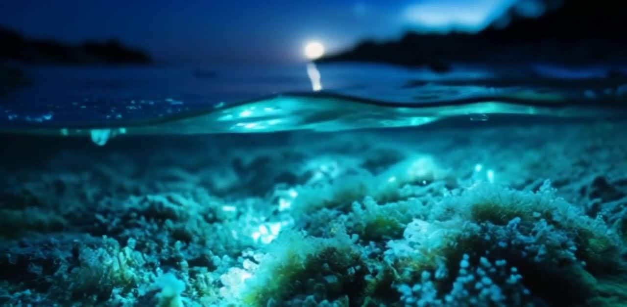 水下画面中，珊瑚礁状物体在水底，呈深绿色调。水面上