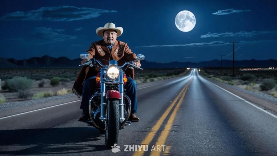 夜晚，一位戴着牛仔帽的男士骑着一辆哈雷摩托车行驶在