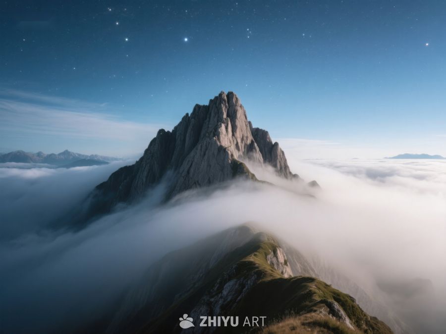 云海之上，星空下的巍峨山峰 604
