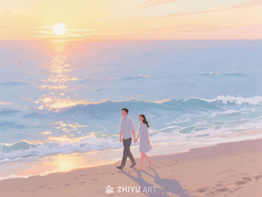 海边日落时分的漫步情侣 247