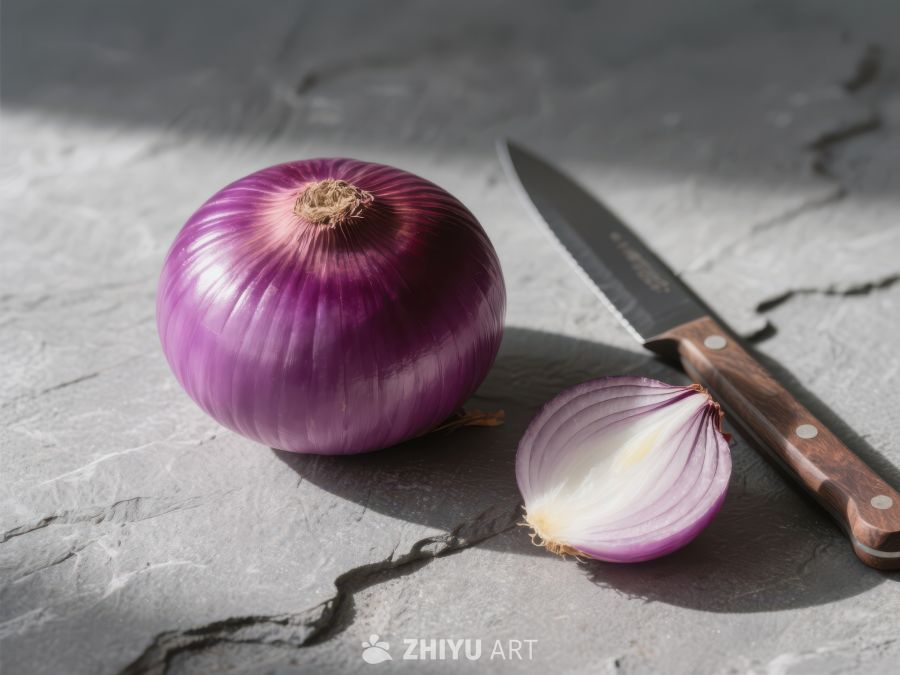 红洋葱与刀具静物图 79