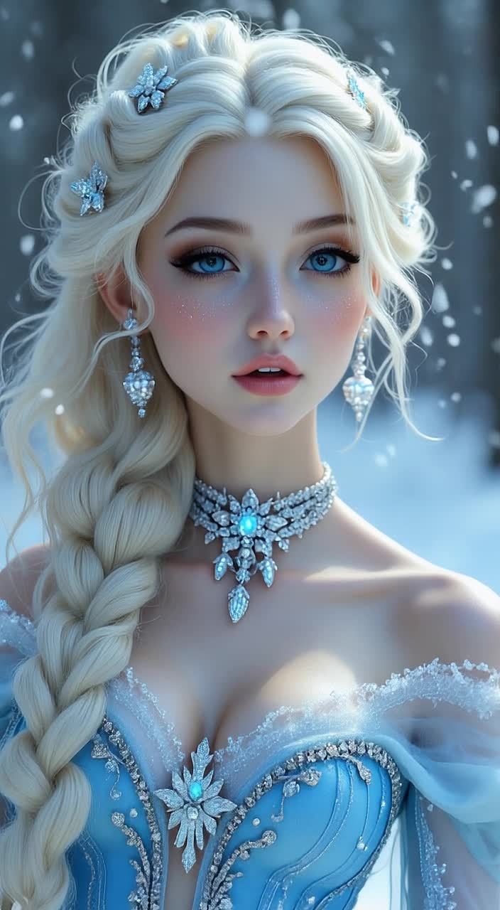 画面中，一个人站在雪地森林中。她穿着一件浅蓝色礼服