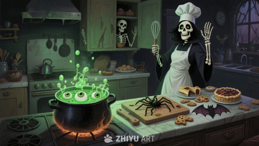 骷髅厨师在厨房制作魔法料理