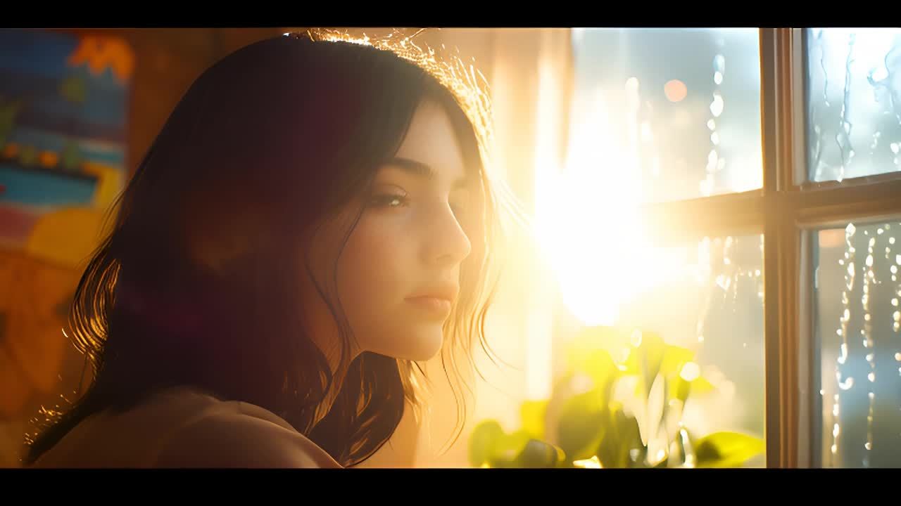 一位少女看向窗外，明亮的阳光透过玻璃，玻璃上有雨滴