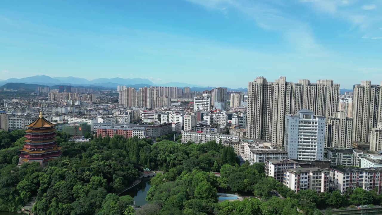  航拍鹰潭公园北极阁地标建筑