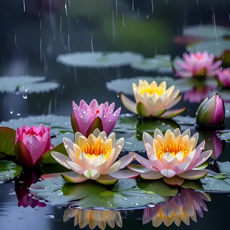 雨中的荷花轻轻摇曳，花瓣随着每一滴雨水的落下而颤动