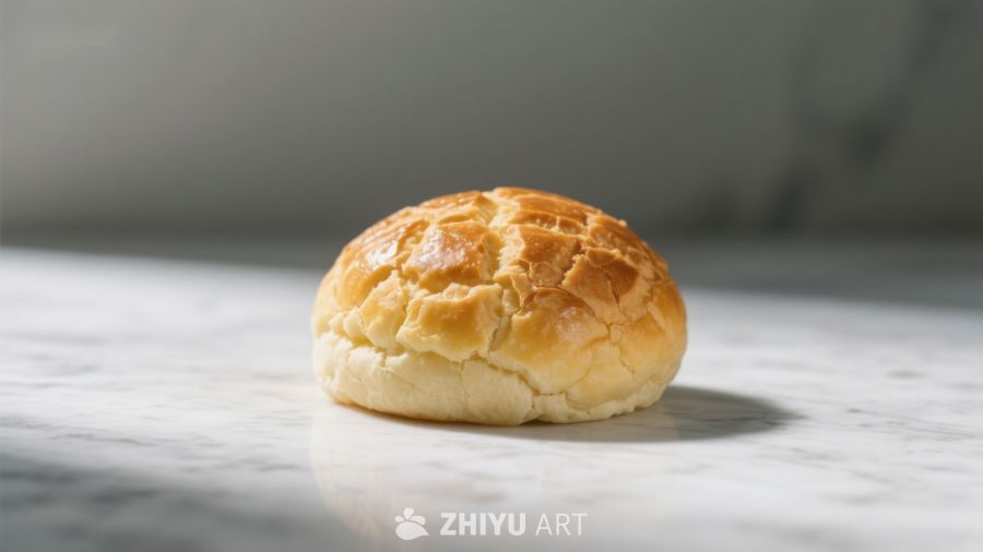 金黄酥皮面包静置大理石台面