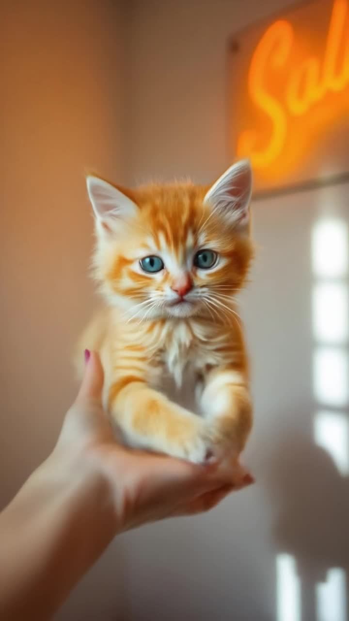 一只姜黄色的小猫，它的爪子柔软地踩在木地板上，缓慢