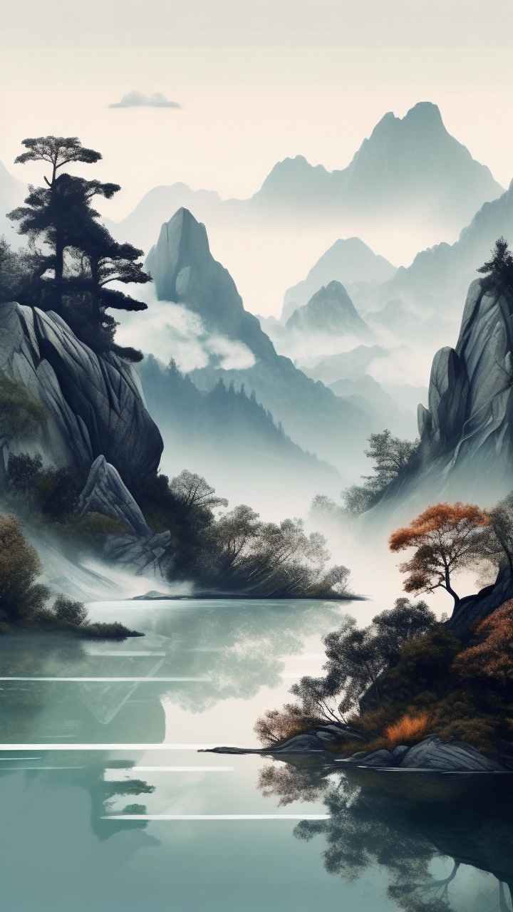 国风水彩画山水风景插画 62