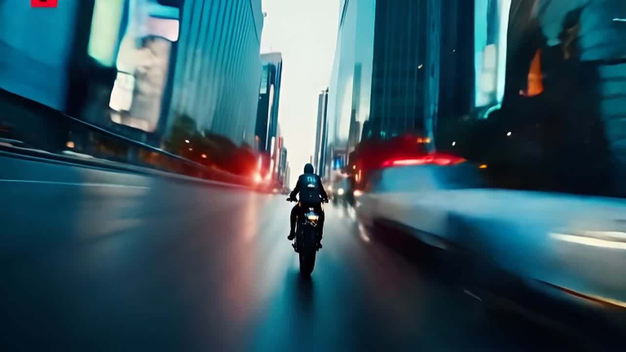 在城市的一条繁忙街道上，一名骑手驾驶摩托车穿行于高