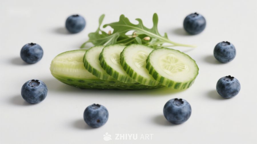 黄瓜蓝莓与绿叶蔬菜摆盘