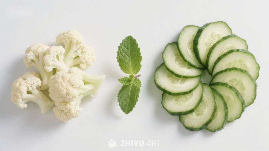 花椰菜、薄荷与黄瓜片摆盘