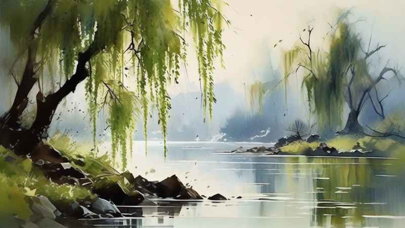河边柳树插画风景图 30