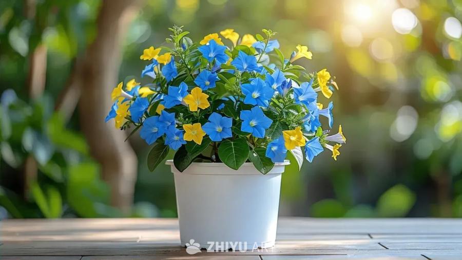白色塑料盆里种植着杜兰塔花，花朵颜色为蓝色和黄色，