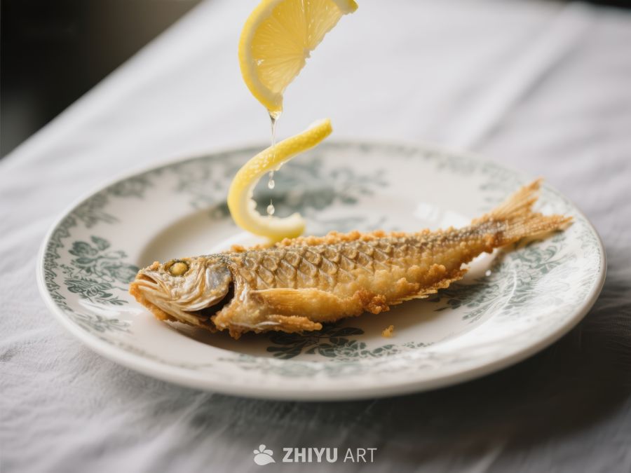 柠檬汁滴落烤鱼