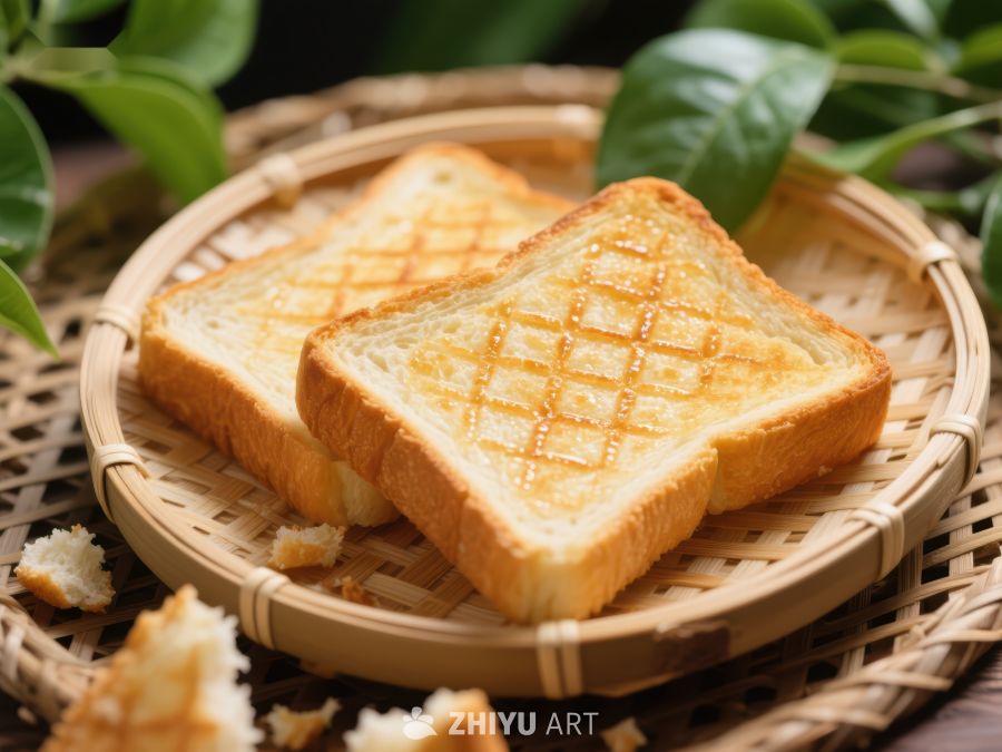 金黄烤面包片置于竹篮 256