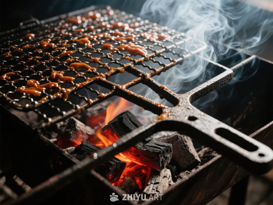 炭火上的烤架与食物 700