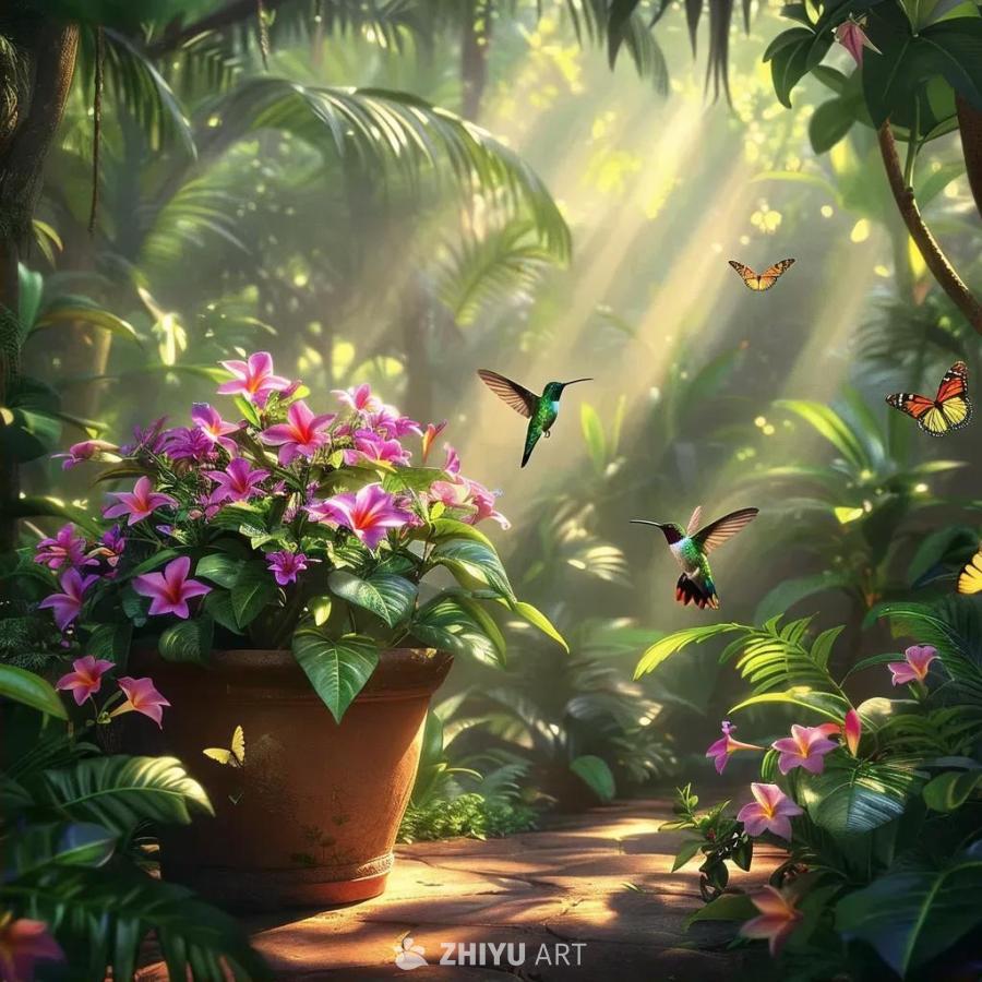 树荫下生长着伞形花序，树前方的花盆里种植着伞形花序