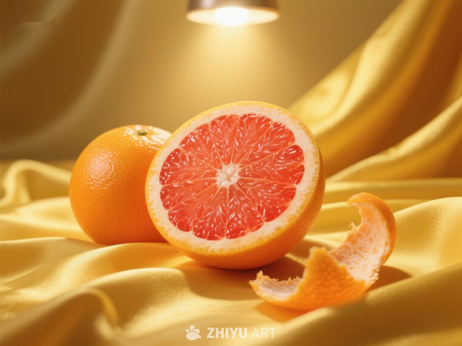 切开的葡萄柚与黄色绸布 335