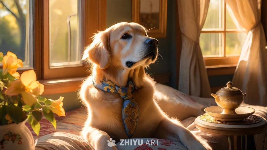 一只金毛猎犬，脖子上系着蓝色带有金色图案的领巾，半