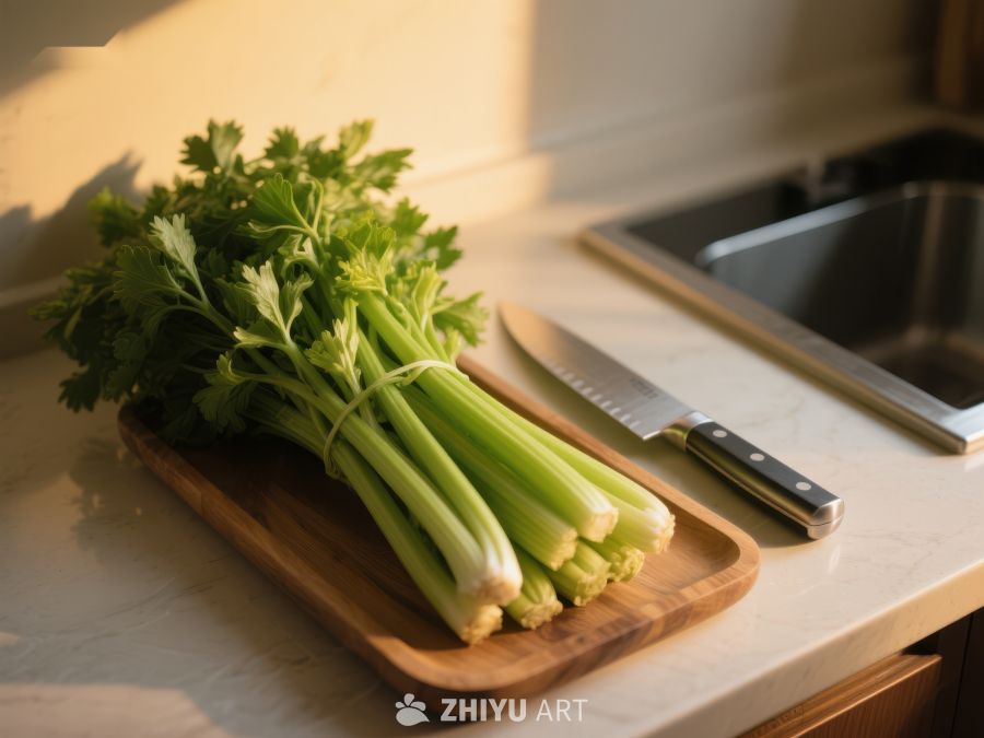 新鲜芹菜置于砧板旁配刀具 587