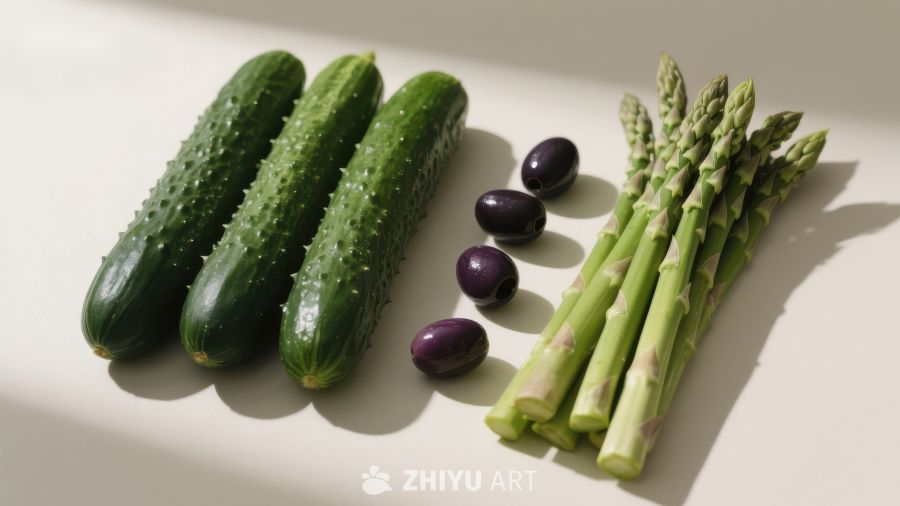 新鲜黄瓜、橄榄与芦笋的静物组合