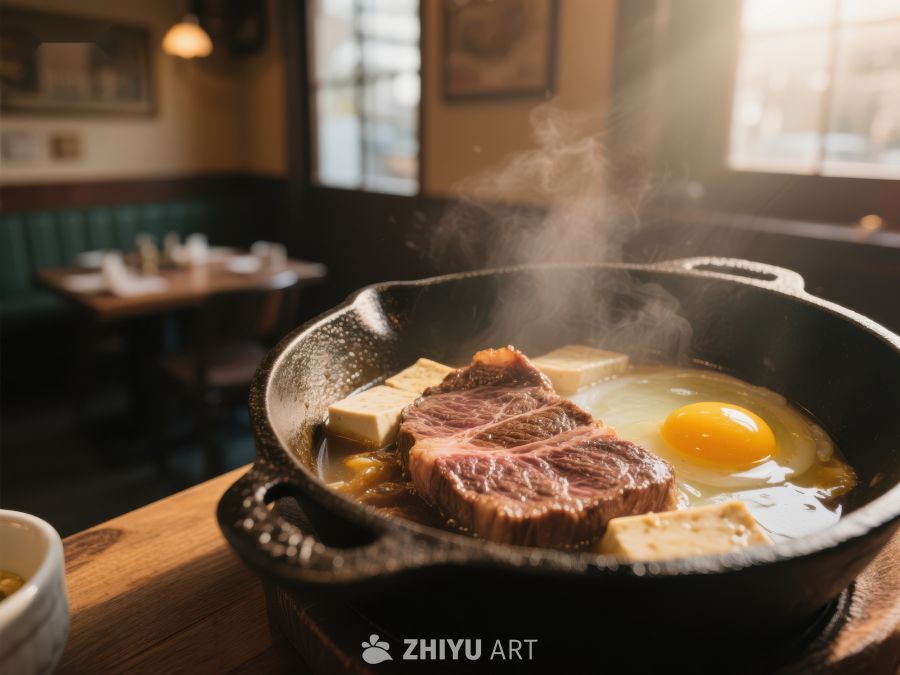 铁锅中的牛排与煎蛋 266
