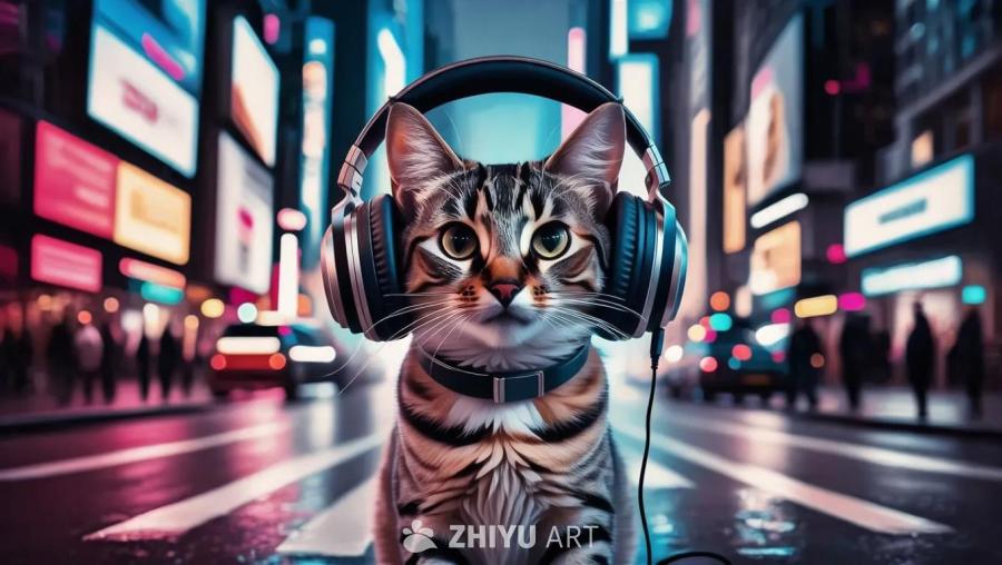一只戴着耳机的猫站在城市街道的中间。猫的毛发呈棕色