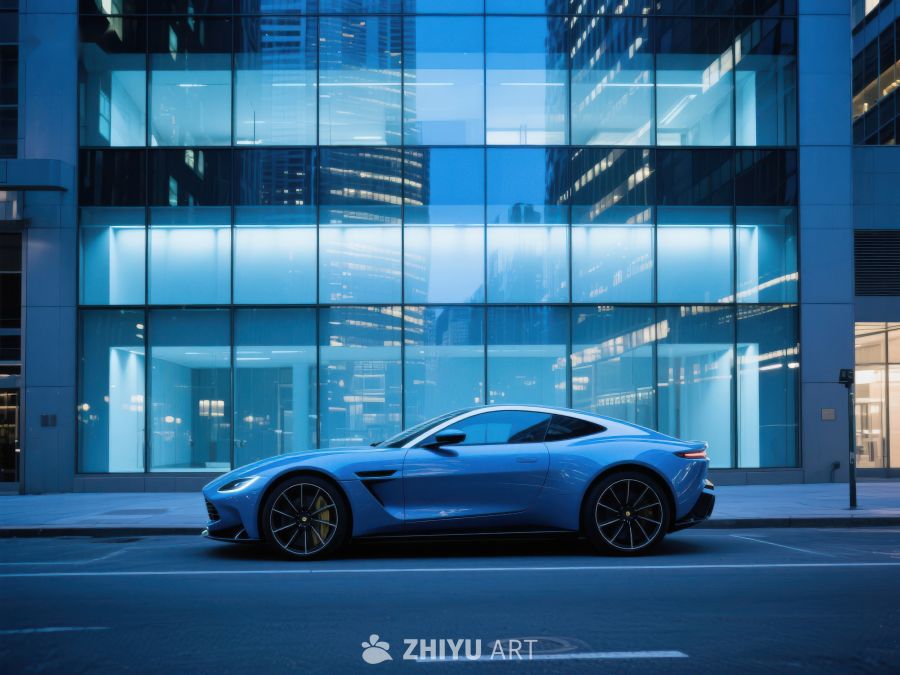 蓝色跑车停在现代建筑前 201