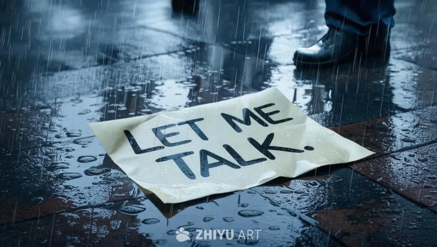雨中，一张写着“LET ME TALK”字样的纸条