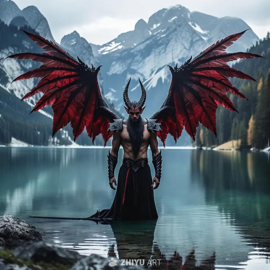 一个长着红色翅膀和角的恶魔正对着湖面。他赤裸上身，