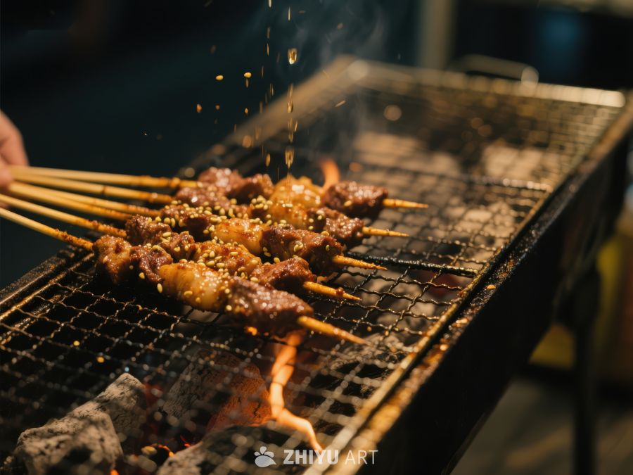 烤肉串在炭火上滋滋作响 575