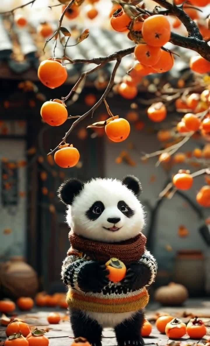 戴围巾熊猫捧柿子，秋日柿子树下暖意融融