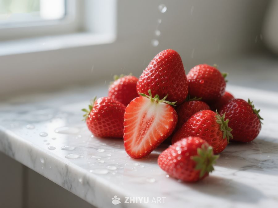 新鲜草莓堆放在大理石台面上 671