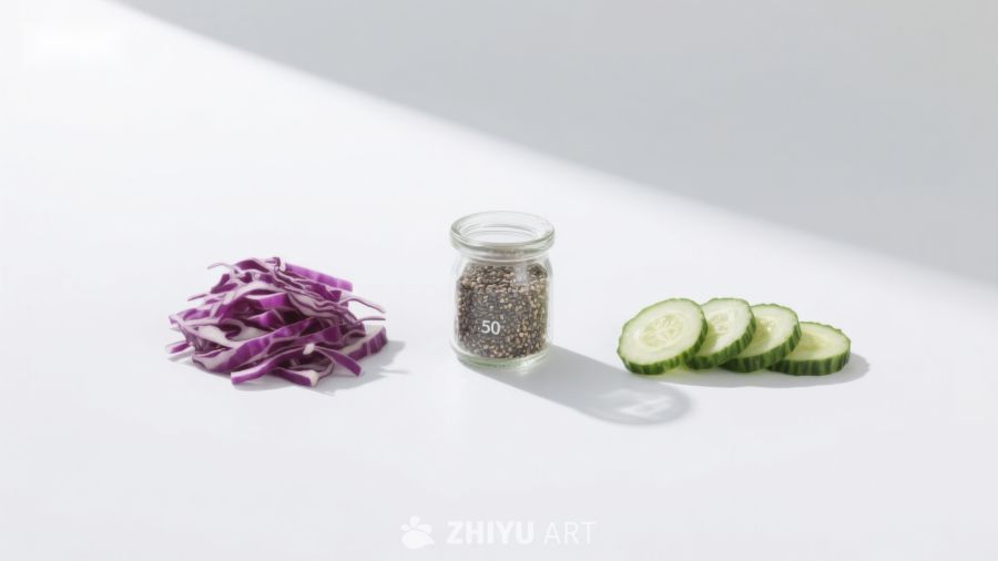 紫甘蓝碎、奇亚籽与黄瓜片