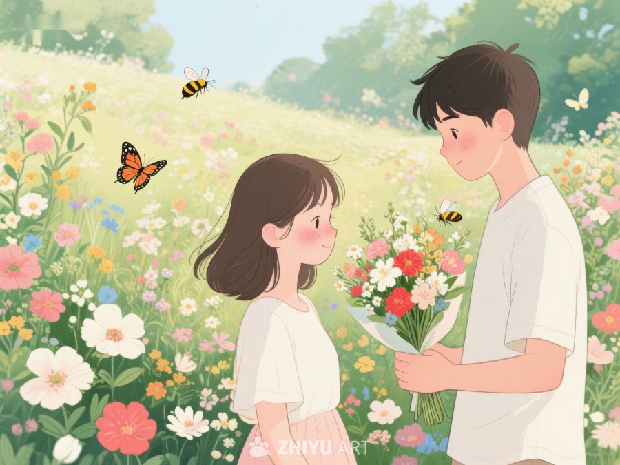 花田中男孩手捧鲜花赠予女孩 346