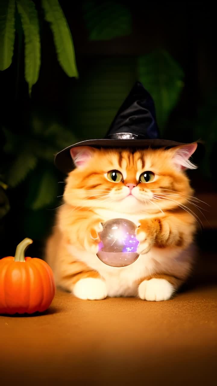 一只胖乎乎的金色英国短毛猫戴着黑色巫师帽，眼神大而