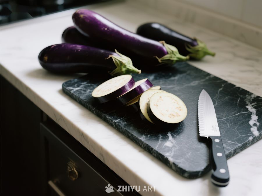 切片茄子与刀具的厨房场景 323