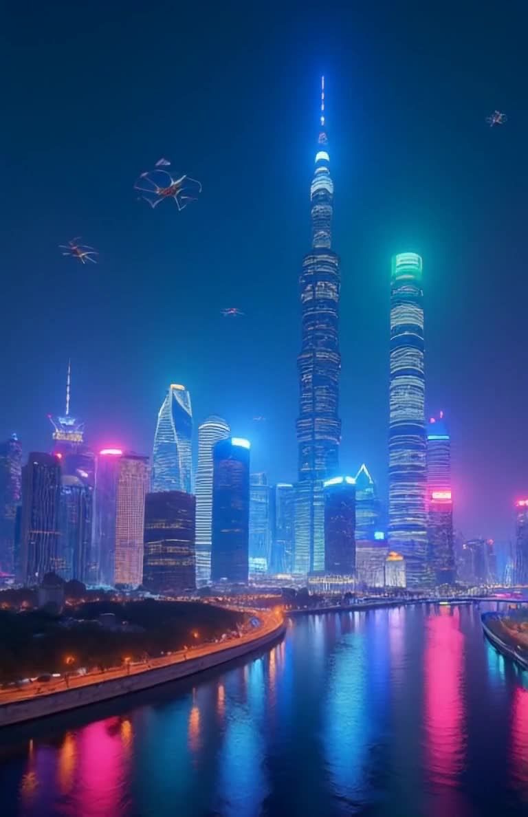 未来都市夜景：无人机盘旋，霓虹倒影水面