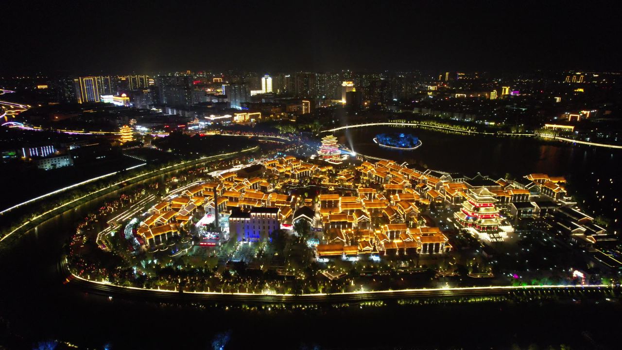 河北沧州城市夜景灯光航拍