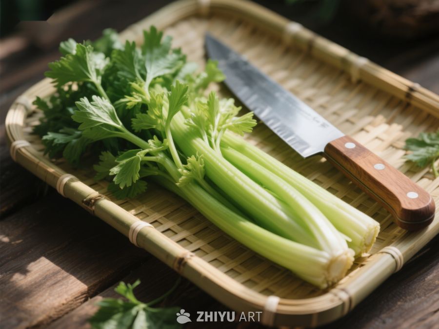 新鲜芹菜与刀具置于竹篮 497