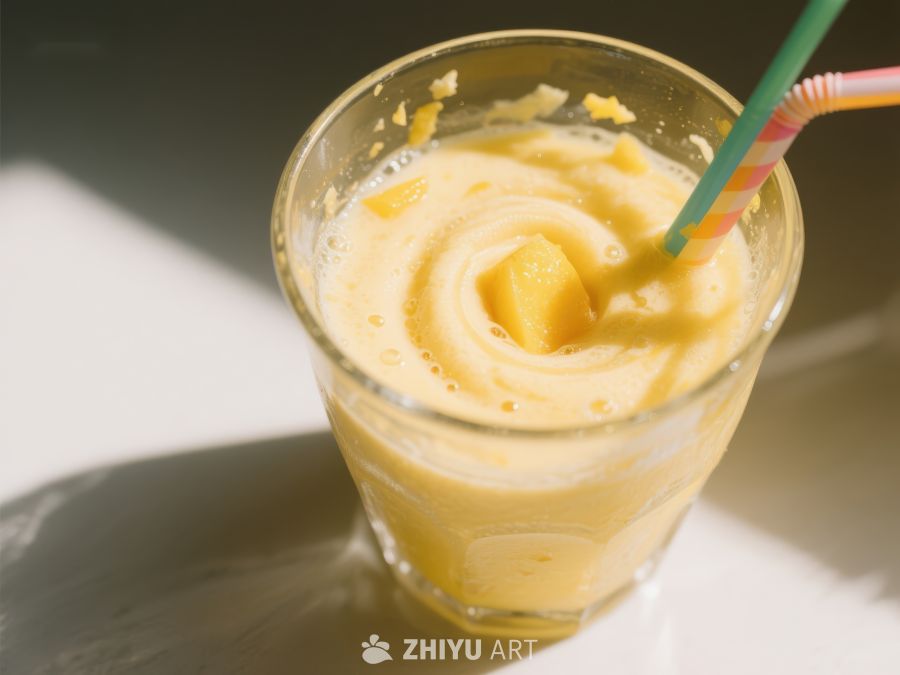 芒果奶昔玻璃杯中特写