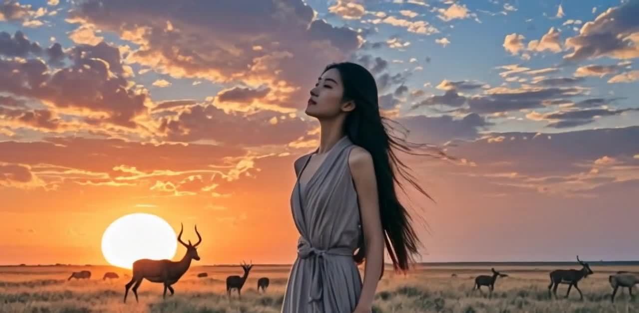 一位长发女子身着灰色的连衣裙，侧身站在一片开阔的草