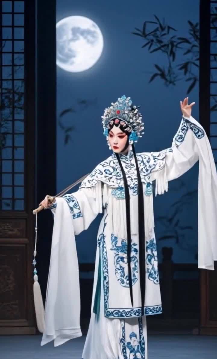 一位京剧演员身着蓝白色刺绣戏服，头戴精致头饰，手执