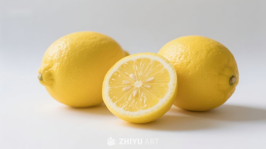 新鲜柠檬，一个切开展示内部