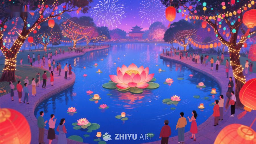湖畔灯会，烟花绽放 35