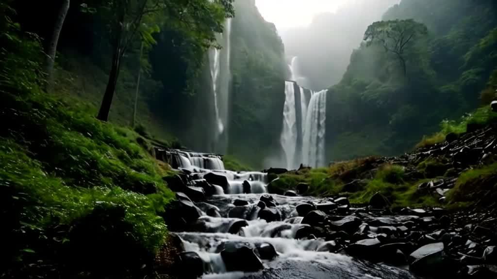 倾盆大雨和瀑布。画面中，多条瀑布从高处倾泻而下，水