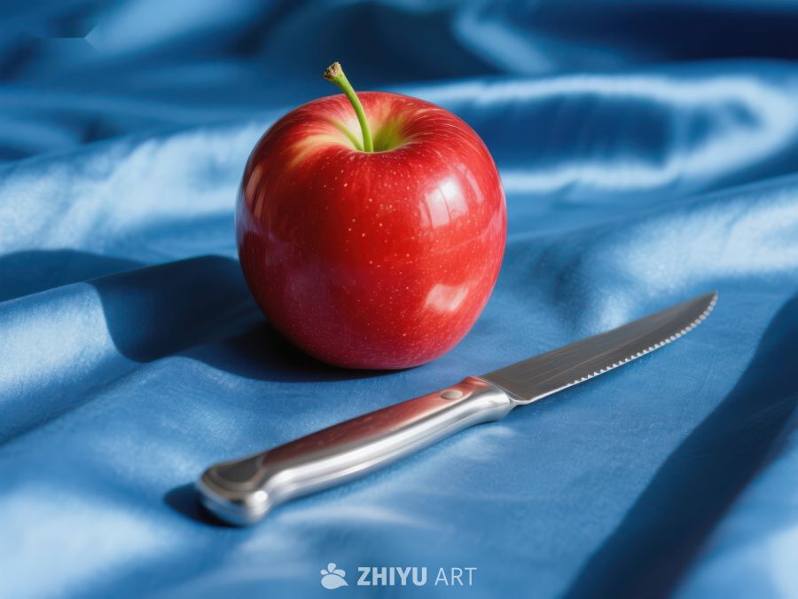 红苹果与刀具置于蓝色布料上 117