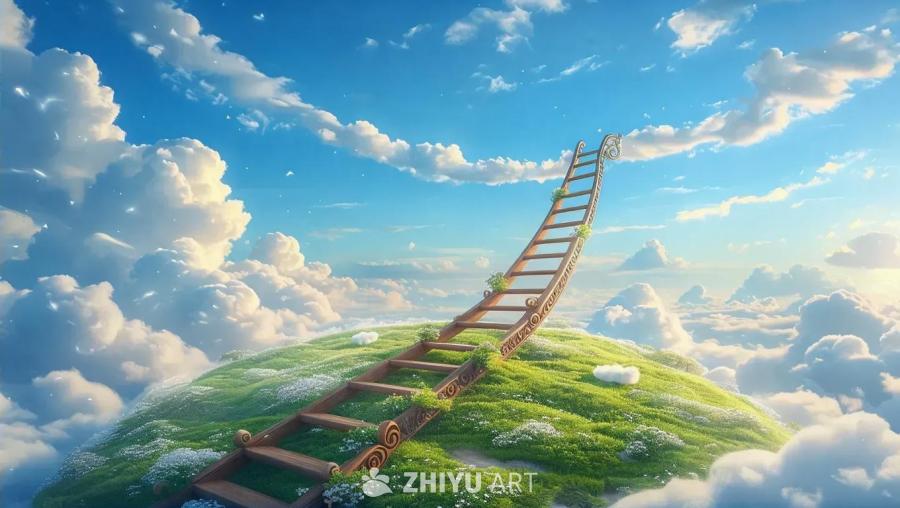 一个木质的梯子从绿色的山丘上延伸至天空，梯子上有绿